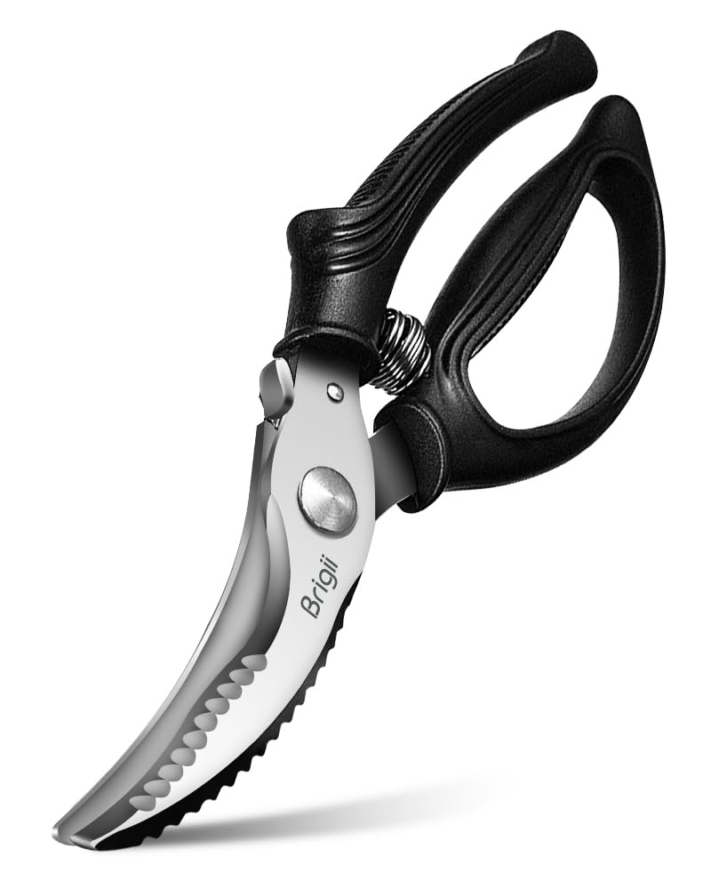 Brigii Kitchen Shears, Stainless Steel Heavy Duty Poultry Shears, Multi-Purpose Kitchen Scissors for Cutting Chicken, Fish, Seafood, and Vegetables, Spring Loaded-KS05Black