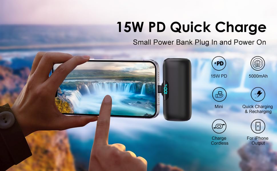Mini Portable Charger for iPhone,Upgraded 5000mAh PD Fast Charging Battery Pack,LCD Display Cute Power Bank Portable Phone Charger for iPhone 14/14 Pro Max/13/13 Pro/12 Pro/11/XS/XR/X/8/7/6-Black