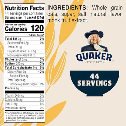 Quaker Instant Oatmeal Lower Sugar, Maple & Brown Sugar, 1.19 Oz, Pack of 44