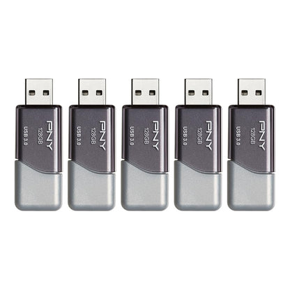 PNY 128GB Turbo Attaché 3 USB 3.0 Flash Drive 5-Pack – Grey, P-FD128X5TBOP-MP, 100MB/s, Light-Weight Durable - Data Storage and Transfer