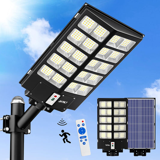 JAYNLT Y-5200W Solar Street Lights Outdoor,520000LM 6500K Commercial Parking Lot Lights Dusk to Dawn, Waterproof Solar Security Flood Lights with Motion Sensor and Remote for Yard, Garage, Driveway