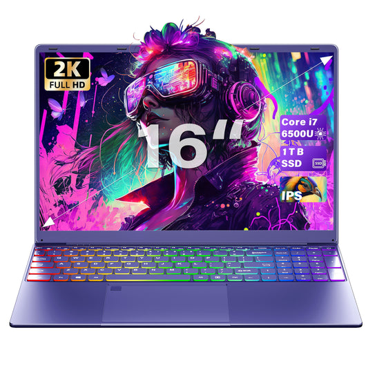 Rumtuk 16 inch Purple Laptop, 16GB RAM, 1T SSD, 2K FHD IPS, Win 11 Pro/Office 2019, Core i7 CPU up to 3.1GHz, Color Backlit KB, Finger Print, USB 3.0, WIFI, PC Notebook for Work Study