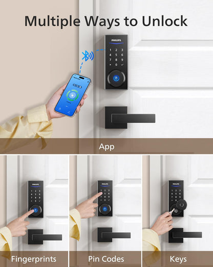 Philips Smart Lock with Handles, Keyless Entry Door Lock Set, Smart Door Lock with 2 Level Handles, Digital Keypad Deadbolt for Front Door, App Fingerprint PIN Code Unlocking, Auto Locking