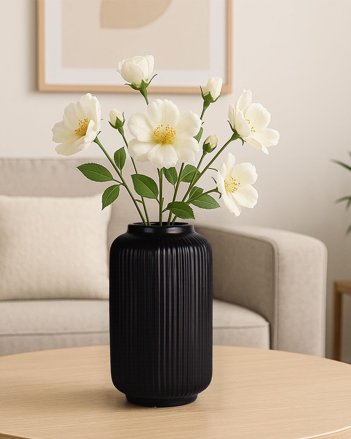Black Ceramic Flower Vase, 8 Inch Ribbed Vase for Pampas Grass, Fresh or Dried Flowers, Decorative Centerpiece for Living Room, Kitchen, Bookshelf, Office Decor