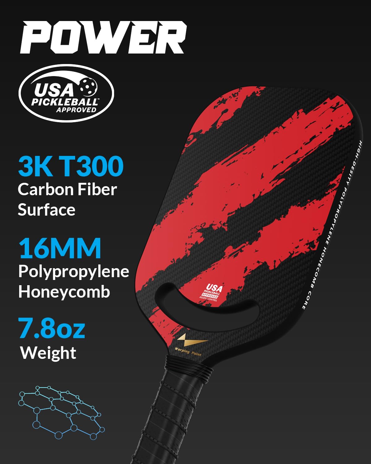Warping Point Carbon Fiber Pickleball Paddle with Aero Throat, USAPA Approved Thermoformed Pickle Ball Rackets for Power & Spin, 16mm Polypropylene Honeycomb Core, Textured Carbon Grit Surface, Red