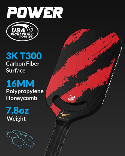Warping Point Carbon Fiber Pickleball Paddle with Aero Throat, USAPA Approved Thermoformed Pickle Ball Rackets for Power & Spin, 16mm Polypropylene Honeycomb Core, Textured Carbon Grit Surface, Red
