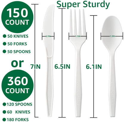 BIOCEAN 100%Compostable No Plastic Knives Disposable Forks Spoons Plastic Utensils, The Heavyweight Heavy Duty Flatware is Eco Friendly Products for Lounge Party Wedding BBQ Picnic Camping [150 Count]