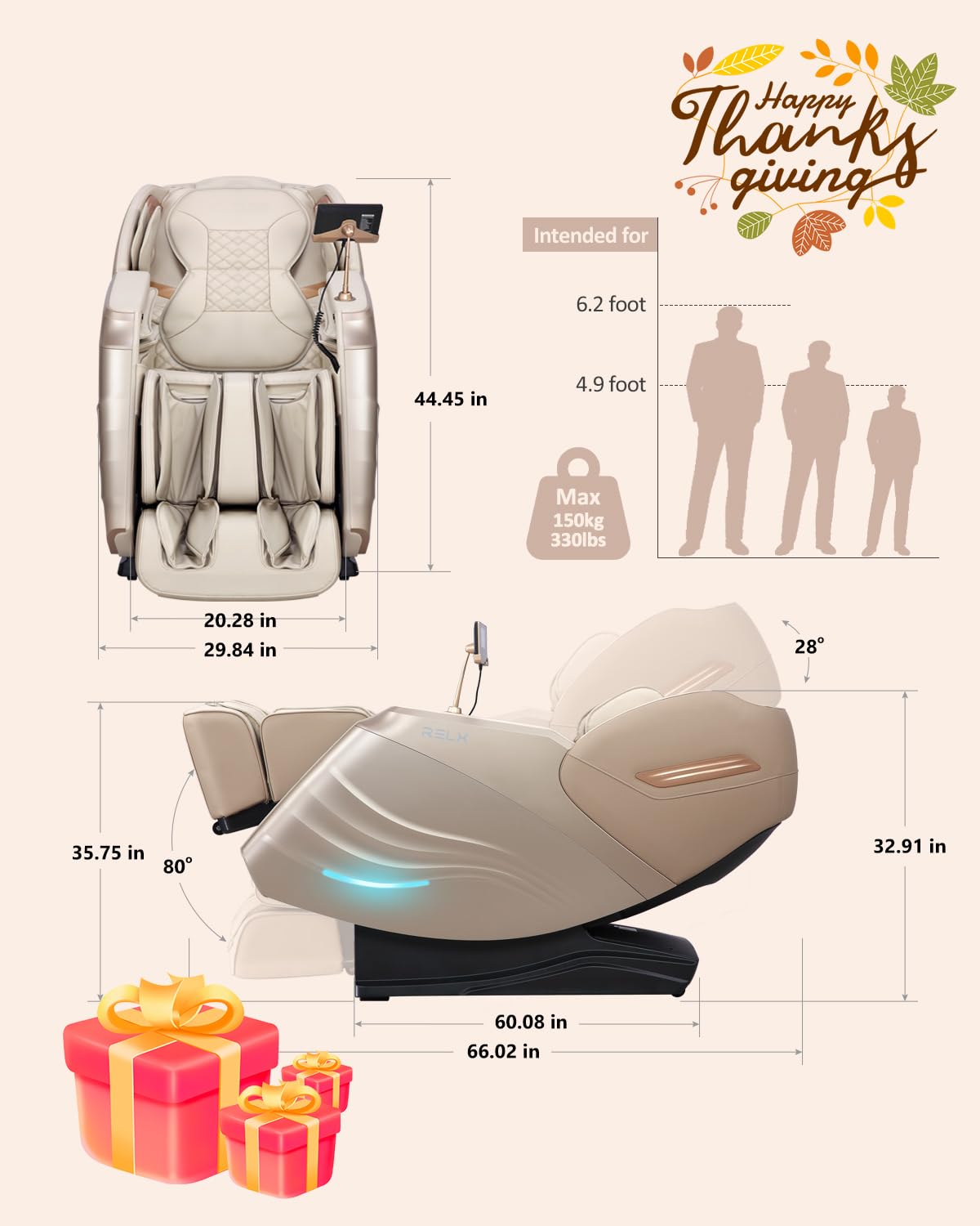 RELX 2025 Massage Chair Full Body, 15 Modes Zero Gravity SL-Track Shiatsu Massage Chair Built-in Heat System, Airbag Massage with Body Scan, Deep Yoga Stretch, Calfrest Extension and AI Control(Cream)