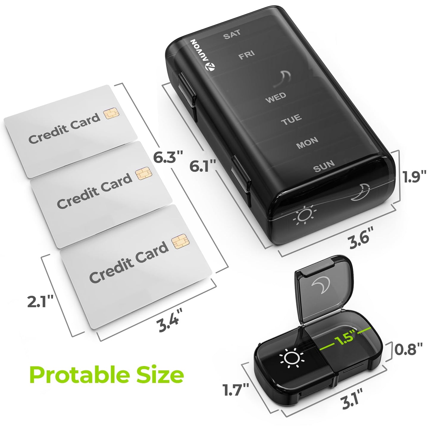 AUVON XL Weekly Pill Organizer 2 Times a Day, Pill Box 7 Day with One-Side Large Openings for Easy to Use, Black Privacy Protection AM PM Pill Case for Medication, Vitamins, Fish Oils, Supplements