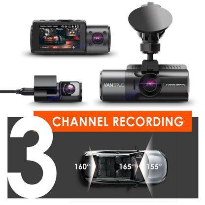 VANTRUE N4 3 Channel Dash Cam, 4K+1080P Dual Channel, 1440P+1440P+1080P Front Inside Rear Three Way Triple Car Dash Camera, IR Night Vision, Capacitor, 24 Hours Parking Mode, Support 256GB Max