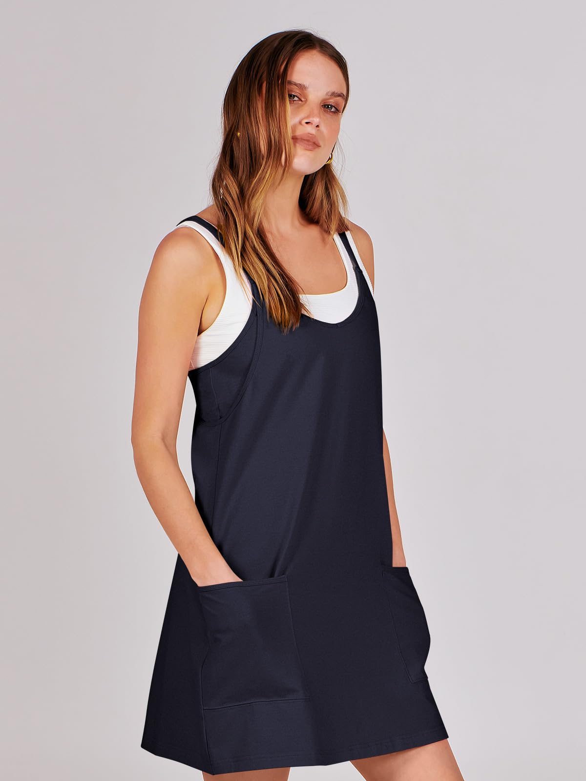 ANRABESS Women Athletic Dress Summer Tennis Workout Active Sports Mini Romper Dress Built in Shorts Travel Vacation Clothes Navy Blue Small