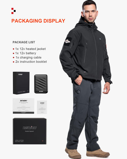 DEWBU Heated Jacket for Men with 12V Battery Pack Winter Outdoor Soft Shell Electric Heating Coat, Men's Black, L