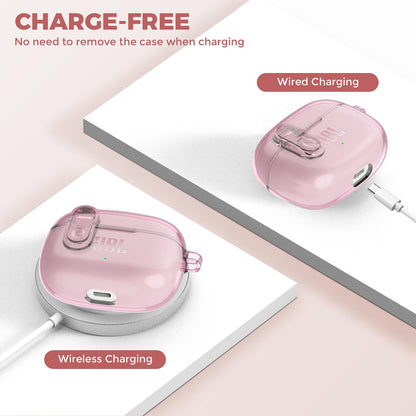 Compatible with JBL Vibe 200TWS/JBL Vibe Beam/Beam 2 Case Cover Clear Lock Clip with Cleaner Kit, Transparent TPU Protective Cover Men Women with Carabiner for JBL Vibe Beam 2 Charging Case - Pink