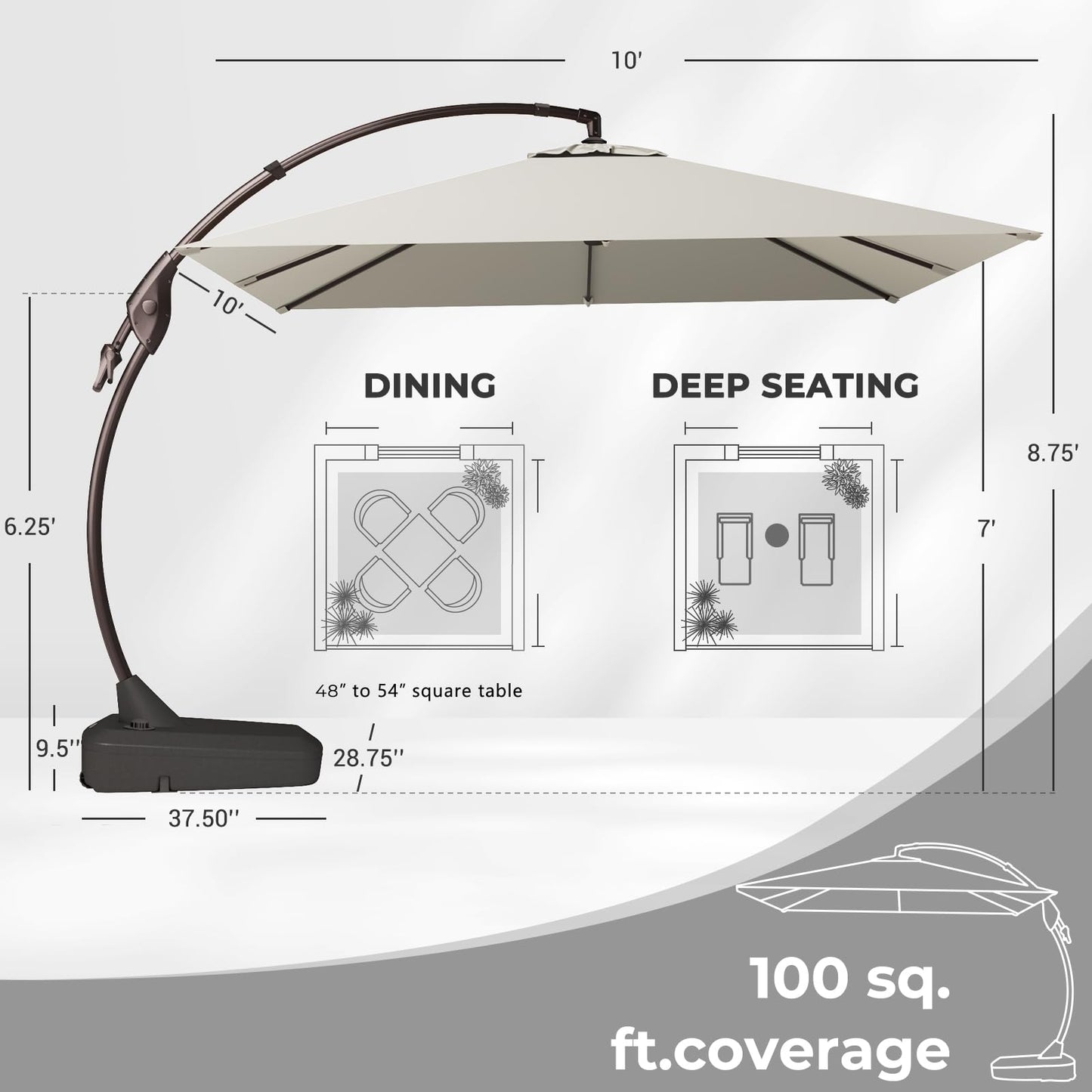 Grand patio 10'x10' Offset Umbrella Large Aluminum Square Cantilever Umbrella Base Included for Deck Porch (Light Gray, 10x10 FT)