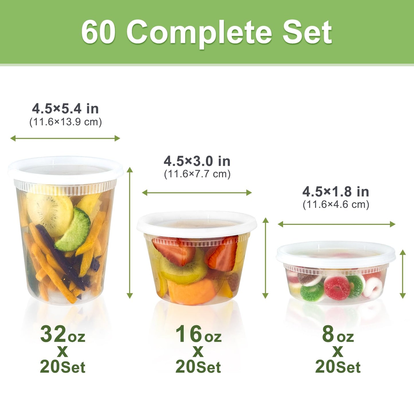 Dipoo 60 Sets (120-Piece) Deli Containers with Lids, 32/16/8 oz X 20 Set Each, Leak-Proof & BPA Free Airtight Takeout Plastic Food Storage Containers for Soup, Freezer/Microwave/Dishwasher Safe