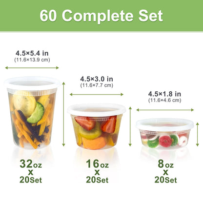 Dipoo 60 Sets (120-Piece) Deli Containers with Lids, 32/16/8 oz X 20 Set Each, Leak-Proof & BPA Free Airtight Takeout Plastic Food Storage Containers for Soup, Freezer/Microwave/Dishwasher Safe