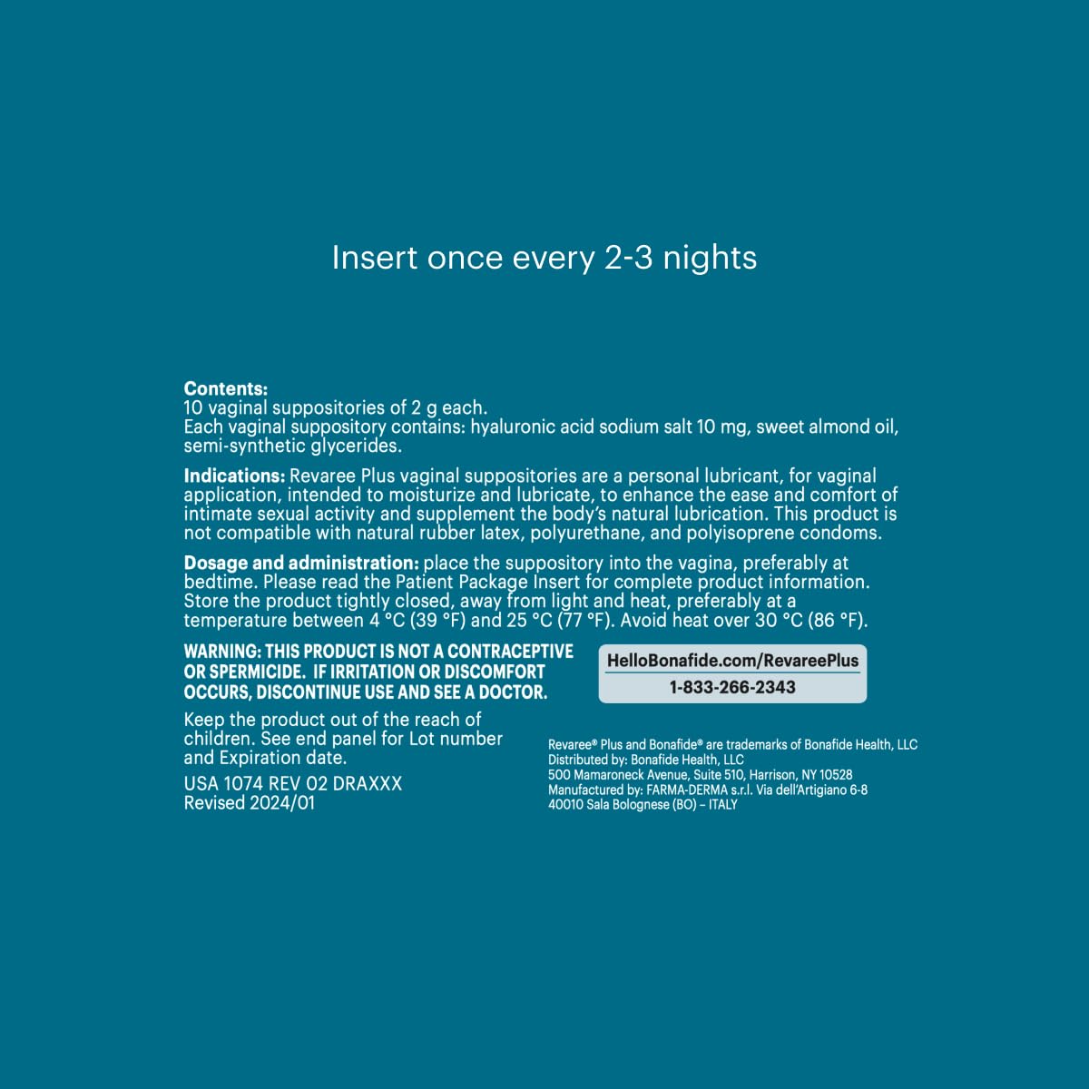 Bonafide Revaree Plus Vaginal Moisturizer with 10mg Hyaluronic Acid & Soothing Sweet Almond Oil. — 3-Month Supply (30 Inserts)