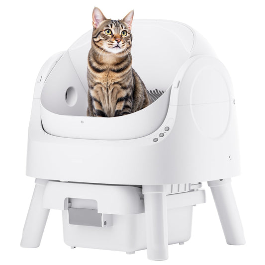 PetPivot Self-Cleaning Cat Litter Box for Multiple Cats - Automatic, Open Top, White with Liners and Mat Included