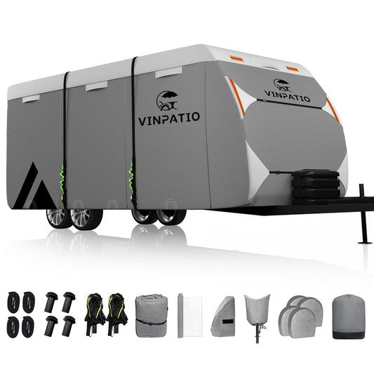 VINPATIO Travel Trailer RV Cover: 7 Layers Heavy Duty RV & Trailer Cover, Toy Hauler Cover Fits 18'-20' RV Camper Cover with 4 Tire Covers, Extra Windproof Straps, Tongue Jack Cover, Gutter Covers