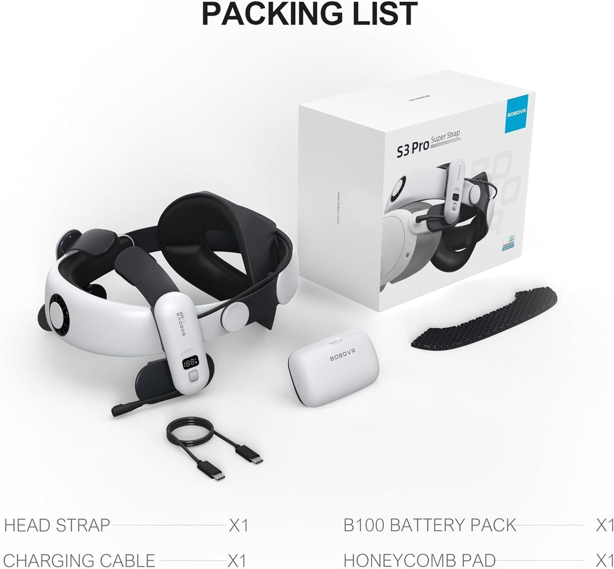 BOBOVR S3 Pro Battery Strap Accessories,Head Air Cooling System and 10000mah Hot-swappable Battery Pack,Compatible with Meta Quest 3/Quest 3S