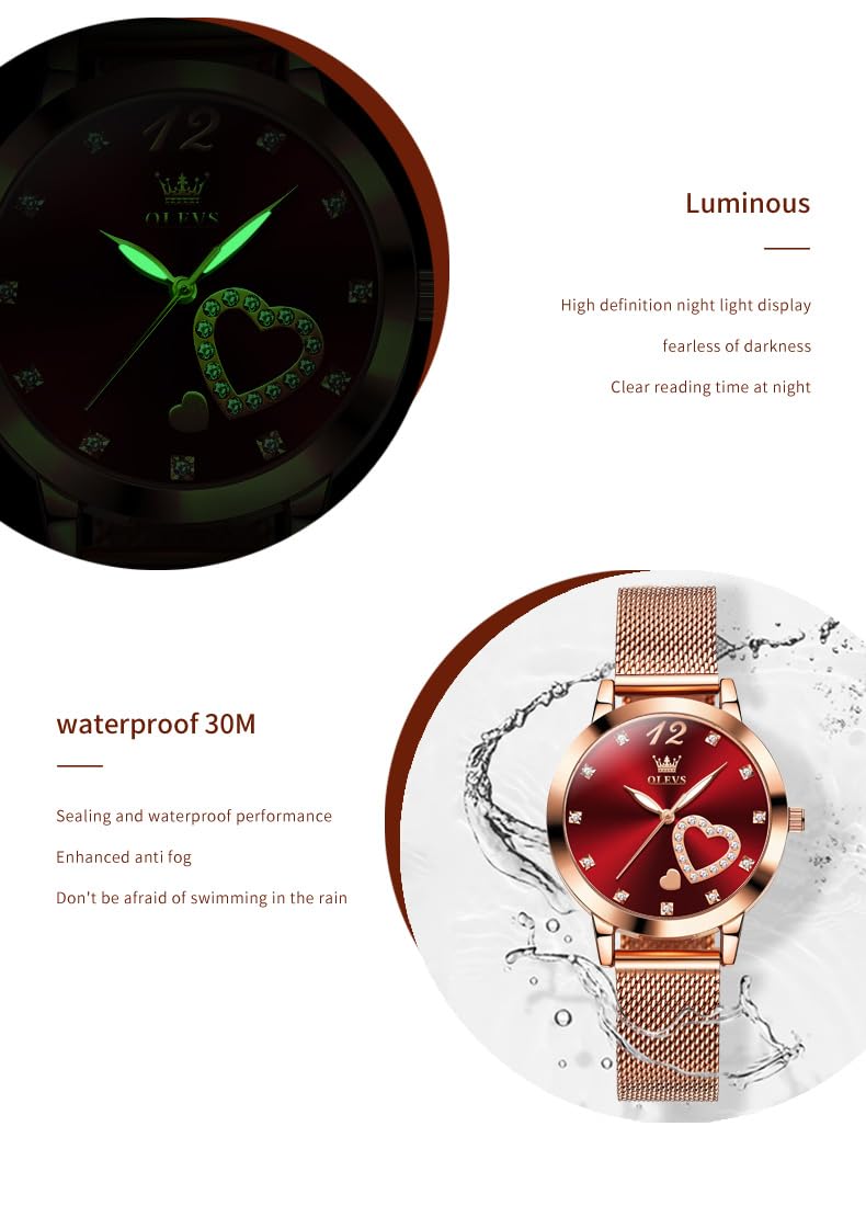 OLEVS Rose Gold Watch for Women Mesh Strap Fashion Dress Hearts Japanese Quartz Waterproof Luminous Ladies Watches Bracelet Sets Red