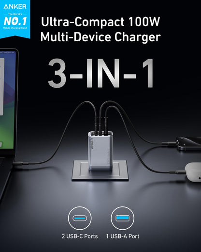 Anker Prime Charger, 100W 3-Port GaN USB C Charger Block, Foldable and Compact for MacBook, iPad, iPhone Series, Galaxy S24/S23, and More