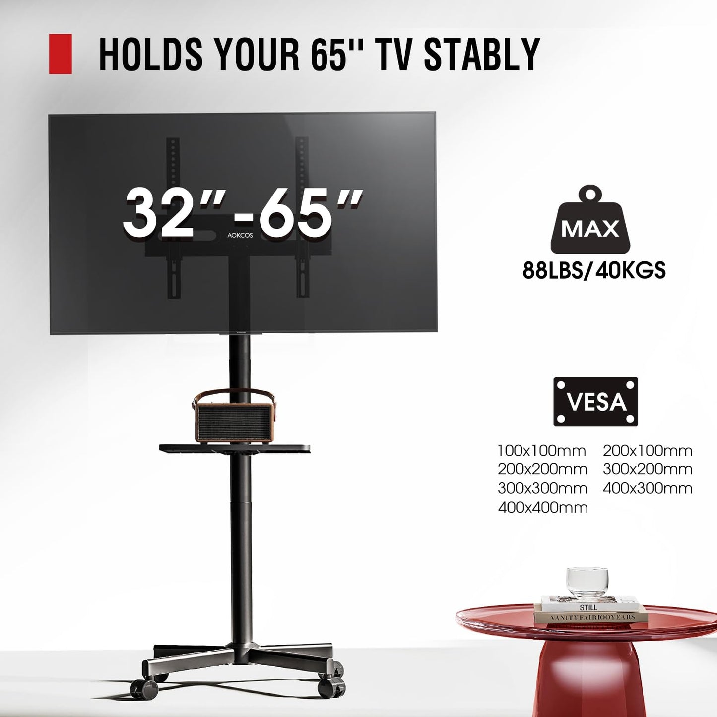 AOKCOS Rolling TV Stand - Mobile TV Stand on Wheels for 32-65 inch Flat/Curved TVs with Tilting, Height Adjustment Portable Rolling TV Cart Hold up to 88 Lbs for Livingroom, Bedroom, Office, Outdoor