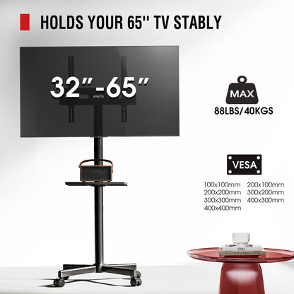 AOKCOS Rolling TV Stand - Mobile TV Stand on Wheels for 32-65 inch Flat/Curved TVs with Tilting, Height Adjustment Portable Rolling TV Cart Hold up to 88 Lbs for Livingroom, Bedroom, Office, Outdoor