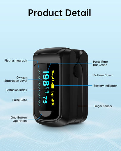 Fingertip Pulse Oximeter Blood Oxygen Monitor Pulse Ox, Heart Rate and Fast Spo2 Reading Oxygen Meter with OLED Screen Included Batteries and Lanyard