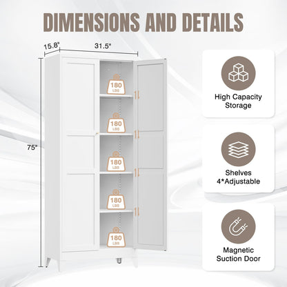Yizosh Metal Pantry Cabinet, 75" Kitchen Pantry with 2 Door and 4 Adjustable Shelves,White Metal Pantry Storage Cabinet,Cupboard for Kitchen,Dining Room,Living Room and Bathroom