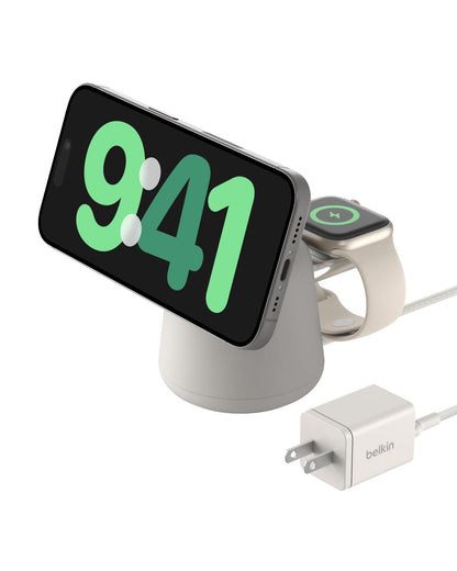 Belkin 2-in-1 MagSafe Wireless Charging Dock 15W Fast Charge iPhone Charger Compatible with iPhone 16, 15, 14, and 13 Series, AirPods, and Other MagSafe Enabled Devices, Includes Power Supply - Sand