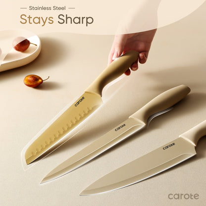 CAROTE 12 Pcs Kitchen Knife Set with Paring Knife, Stainless Steel with Creamic Coating, Dishwasher Safe