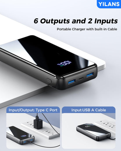 Portable Charger,42800mAh Power Bank Built-in Cable,22.5W PD USB C in & Out Fast Charging, External Battery Pack 6 Output & 2 Input, Travel Phone Charger for iPhone 16/15/14/13/12, Android (Black)