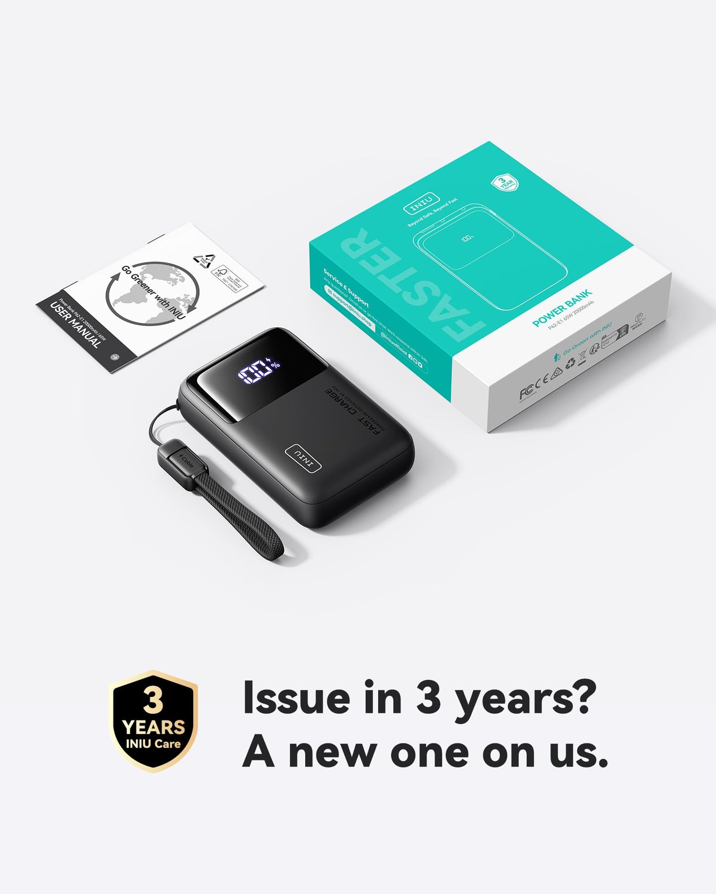 INIU Power Bank, 20000mAh 65W Ultra Compact USB C Laptop Portable Charger, PD QC Fast Charging 3-Output External Battery Pack for Laptop MacBook iPad Tablet Steam Deck iPhone 17 16 15 Pro Samsung S24