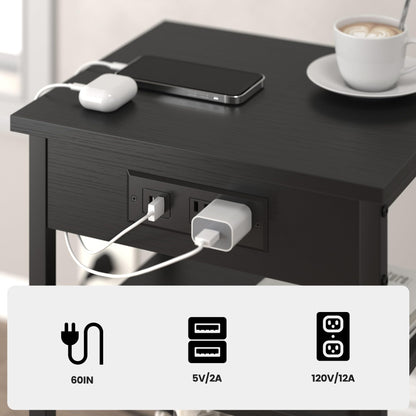 CALERTAIN End Tables with Charging Station USB Ports, 3 Tier Tall Night Stand with Storage Shelves,Narrow Side Table for Small Space Living Room Bedroom Office, Record Player Stand, Black