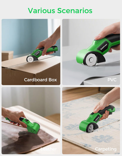 Cardboard Cutter, Rechargeable Cordless Electric Scissors, 4V Upgrade Motor Electric Box Cutter with 2 Blades, Safety Lock & LED Light, Powerful Cutting for Cardboard Box, Plastic, Leather