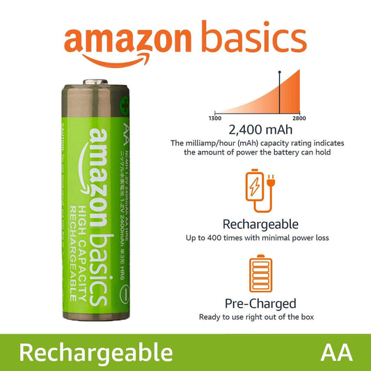 Amazon Basics Rechargeable AA NiMH High-Capacity Batteries, 2400 mAh, Pre-Charged, Recharge up to 400x, 8-Pack