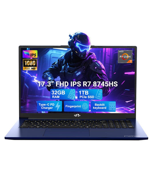 NIMO 17.3" IPS FHD-Gaming-Laptop, AMD Ryzen 7 8745HS 32GB DDR5 RAM 1TB SSD (8C/16T, up to 4.9GHz) Radeon 780M Graphics Business Computer with 100W Type-C Backlit Keyboard, Fingerprint USB-C 4.0