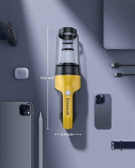 XenonLab Handheld Vacuum Cordless 1.1 Pounds Car Vac 10000PA Hand Held Vacuums 4-in-1 Hand Vac Cordless Rechargeable HEPA Filter Large Capacity Dust Cup for Car Office Home Pets Hair (Yellow)
