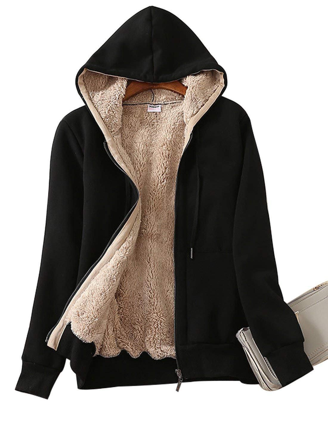 Yeokou Women's Casual Full Zip Up Sherpa Lined Hoodie Sweatshirt Jacket Coat (XX-Large, Black001)