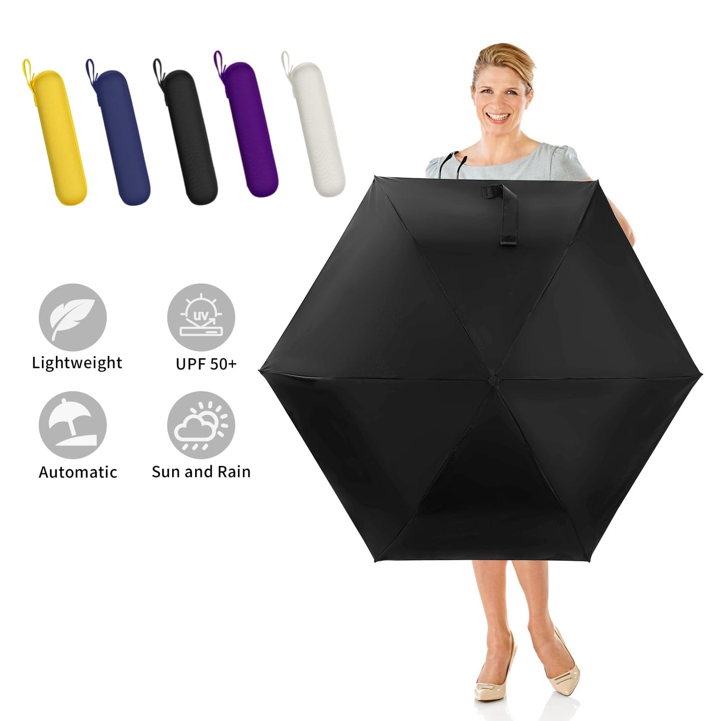 GAOYAING Compact Automatic Travel Umbrella with Case, Mini Small Folding Sun UV, Pocket Purse Umbrella Black