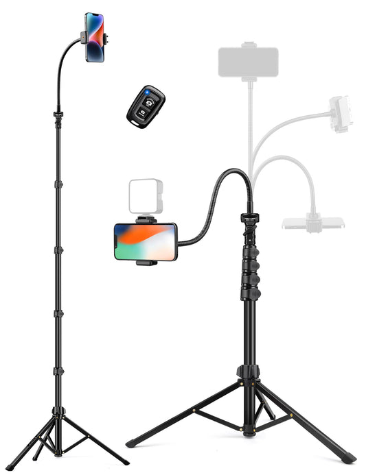 Phone Tripod, 86" Tall Tripod for iPhone with Flexible Gooseneck & Remote, Portable Aluminum Cellphone Stand for Selfies, Video Recording,Travel, Compatible with iPhone Android