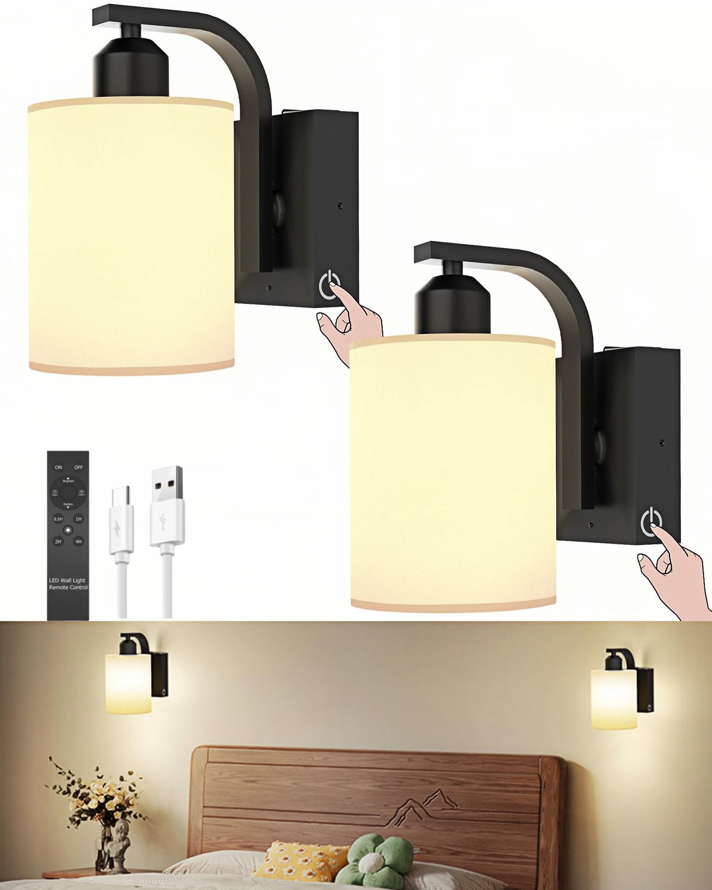 iThird Wall Sconce Battery Operated Set of 2, 6000mAh Rechargeable Wall Lights with Touch Control and Remote Control, Wireless Wall Lamps for Bedroom, Black Sconces Wall Decor for Living Room Hallway