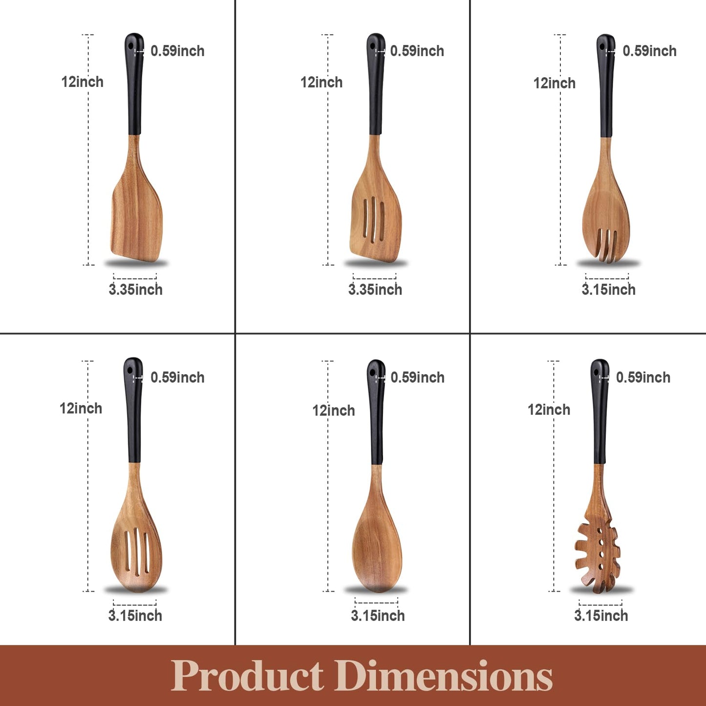 ROSOS Wooden Spoons For Cooking, 6 PCS Natural Acacia Wooden Cooking Utensils or Non-Stick Wooden Kitchen Utensil Set for Kitchen Essentials, Smooth Grip Wooden Spoons with Hanging Hole, Black