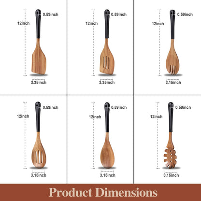 ROSOS Wooden Spoons For Cooking, 6 PCS Natural Acacia Wooden Cooking Utensils or Non-Stick Wooden Kitchen Utensil Set for Kitchen Essentials, Smooth Grip Wooden Spoons with Hanging Hole, Black