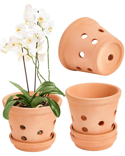vensovo Terracotta Orchid Pots with Holes and Saucers - Clay Orchid Planter Pots for Repotting, Plant Flower Pots for Orchid Indoor and Outdoor Promotes Air Circulation