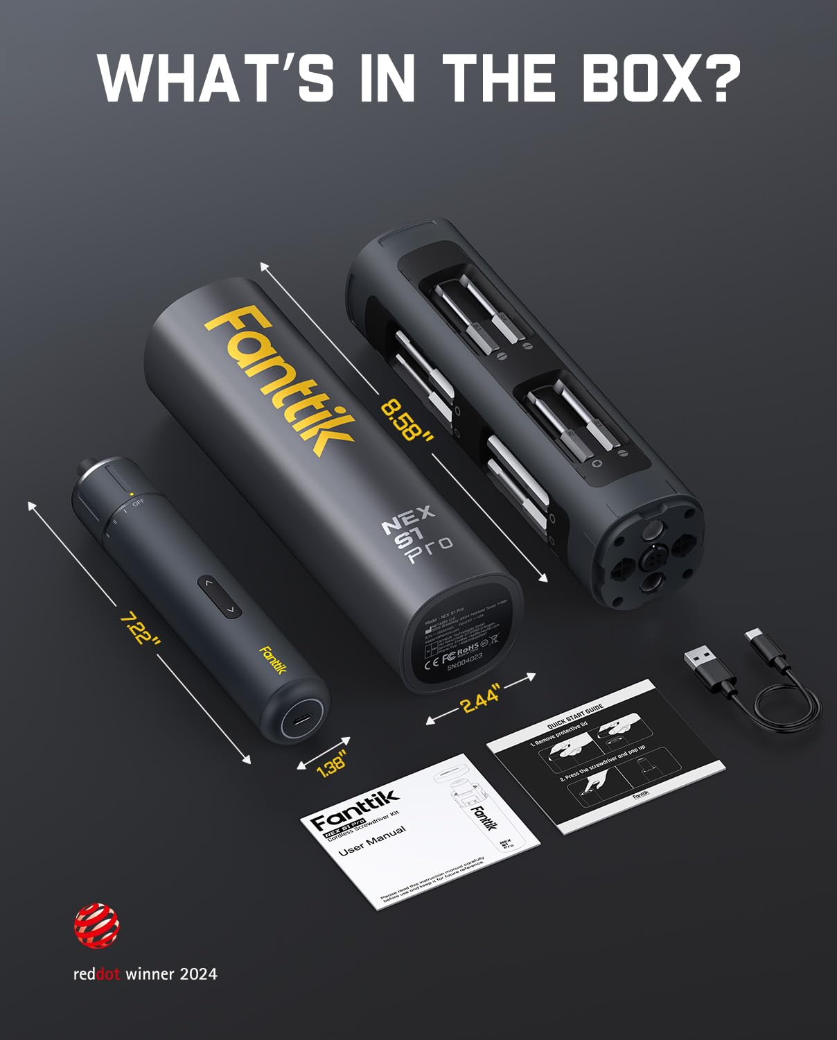Fanttik S1 Pro 3.7V Electric Screwdriver, Power Screwdriver, 16 S2 Steel Bits, 3 Torque Settings, Max 6 N.m, 2000mAh Battery, LED Light, 1/4''Hex, Ideal Tool for Furniture, Gaming PC