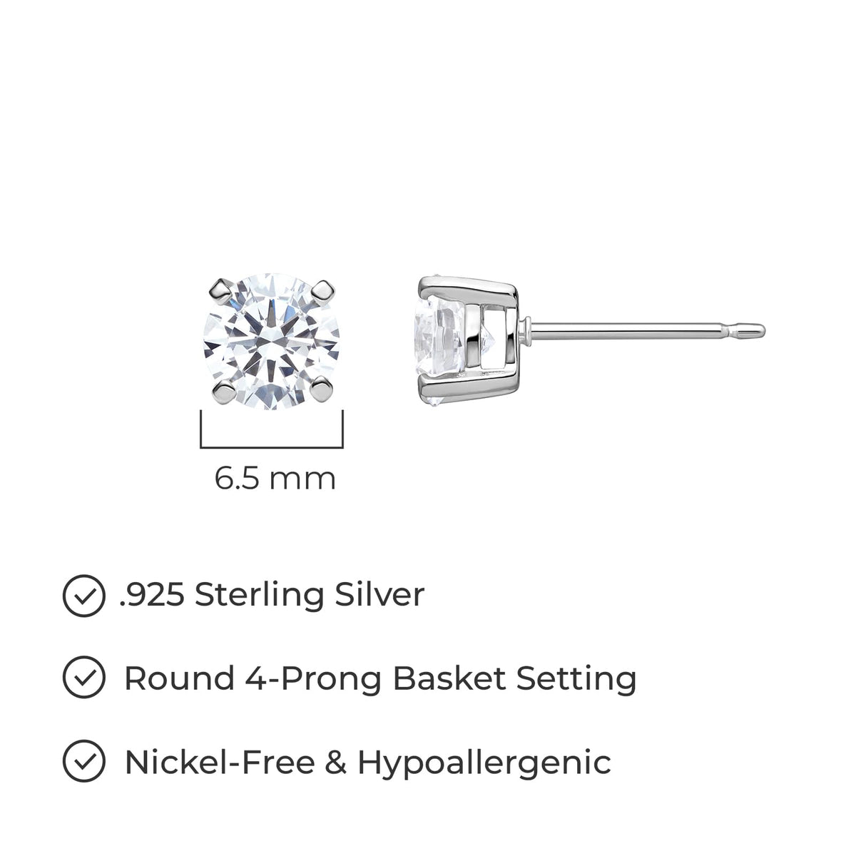 Amazon Essentials Platinum Plated Sterling Silver Round Cut Cubic Zirconia Stud Earrings (6.5mm)
