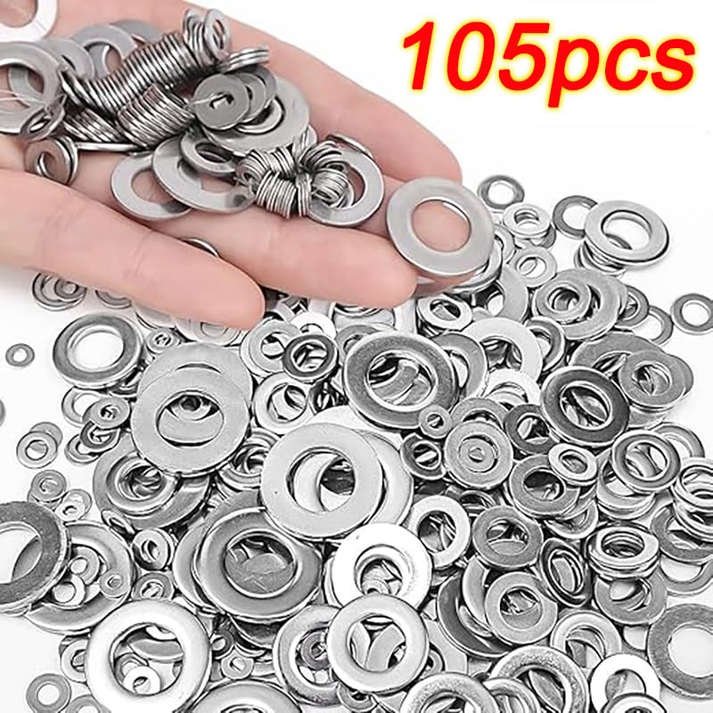 105Pcs 304 Stainless Steel Flat Washers, Fender Washers Assortment Kit 6 Sizes (M3-M10) for Screws Bolts Large and Small Hardware for Various Home Industrial Automotive,Silver