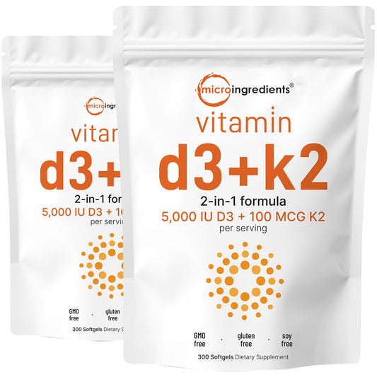 2 Pack Vitamin D3 5000IU Plus K2, 2 in 1 Formula, Vitamin D3 Liquid with Vitamin K2, 300 Soft-Gels, Immune Vitamin Complex with Virgin Sunflower Seed Oil, Support Your Heart, Teeth & Joint Health